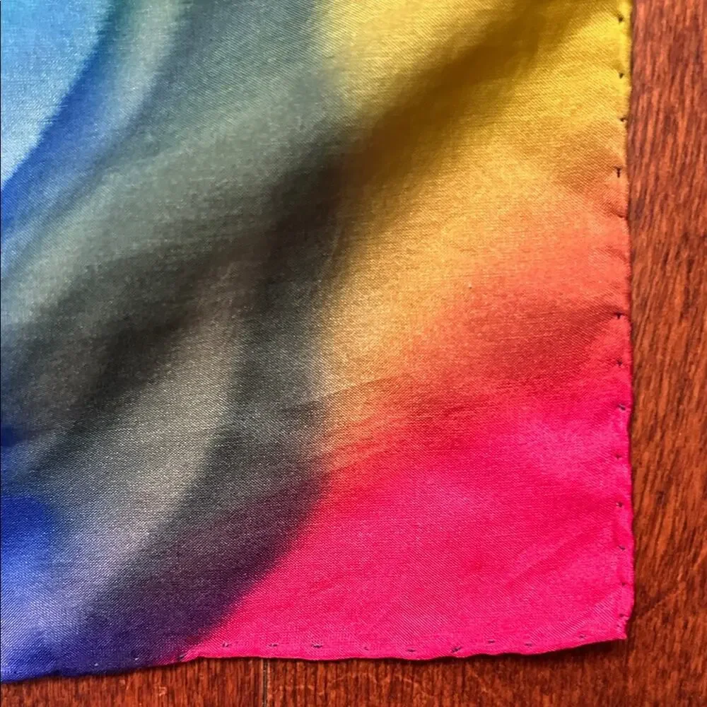 Hand Rolled Multicolor Rainbow Tie-Dye Scarf in a Silky Fabric, Square Shape